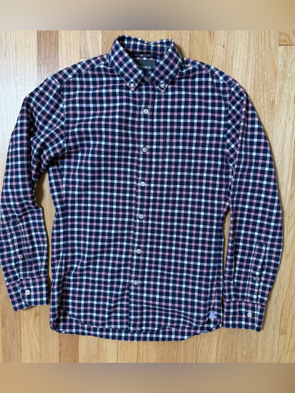 BONOBOS Button Up Long Sleeve Dress Shirt Mens XS Fit Blue Pink Plaid Slim
